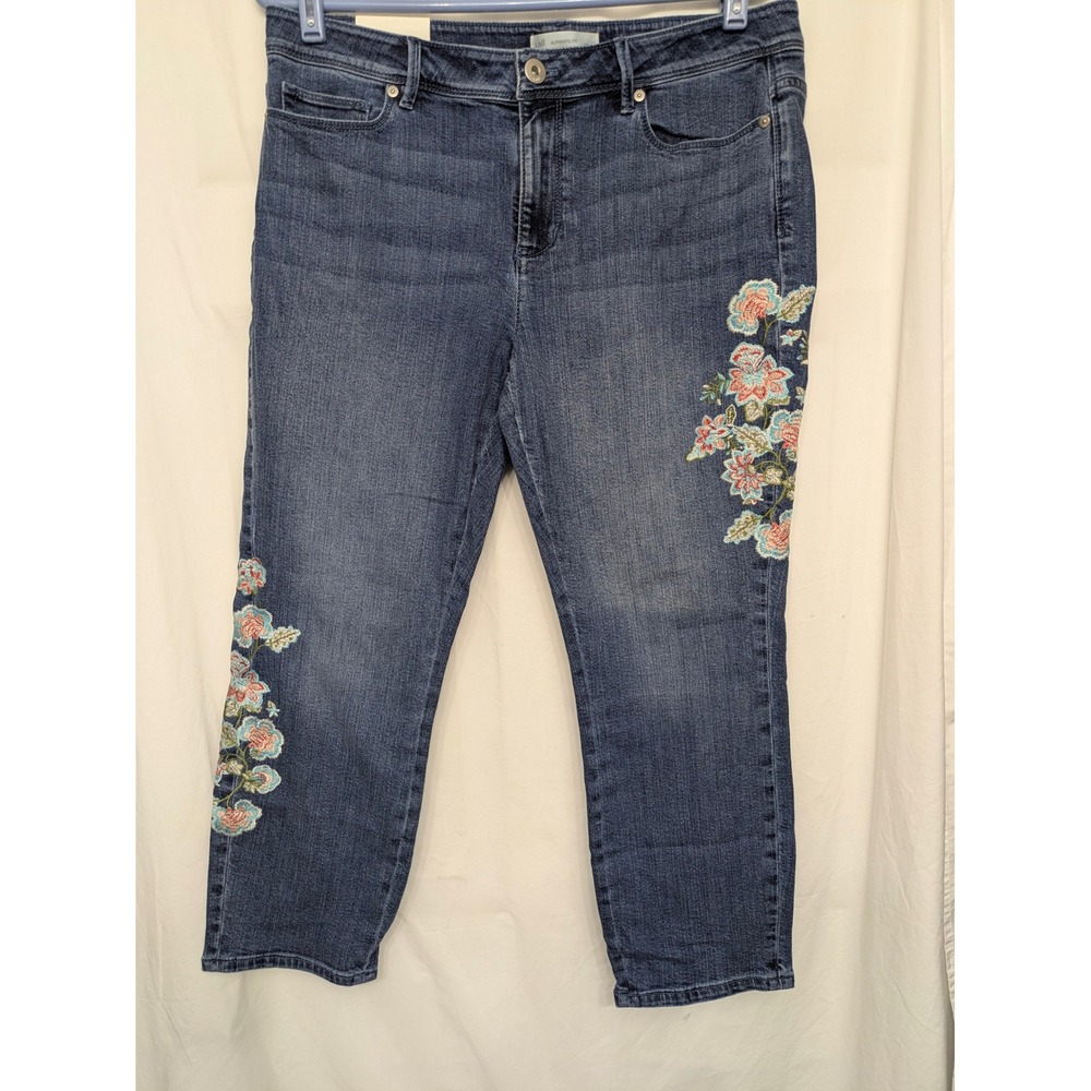J. Jill Authentic Fit Cropped Floral Embroidered Jeans Cape Cod Wash Size 12 NEW
